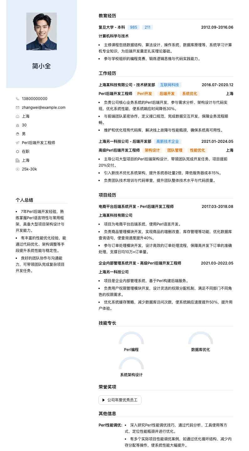 Perl后端开发工程师简历模板