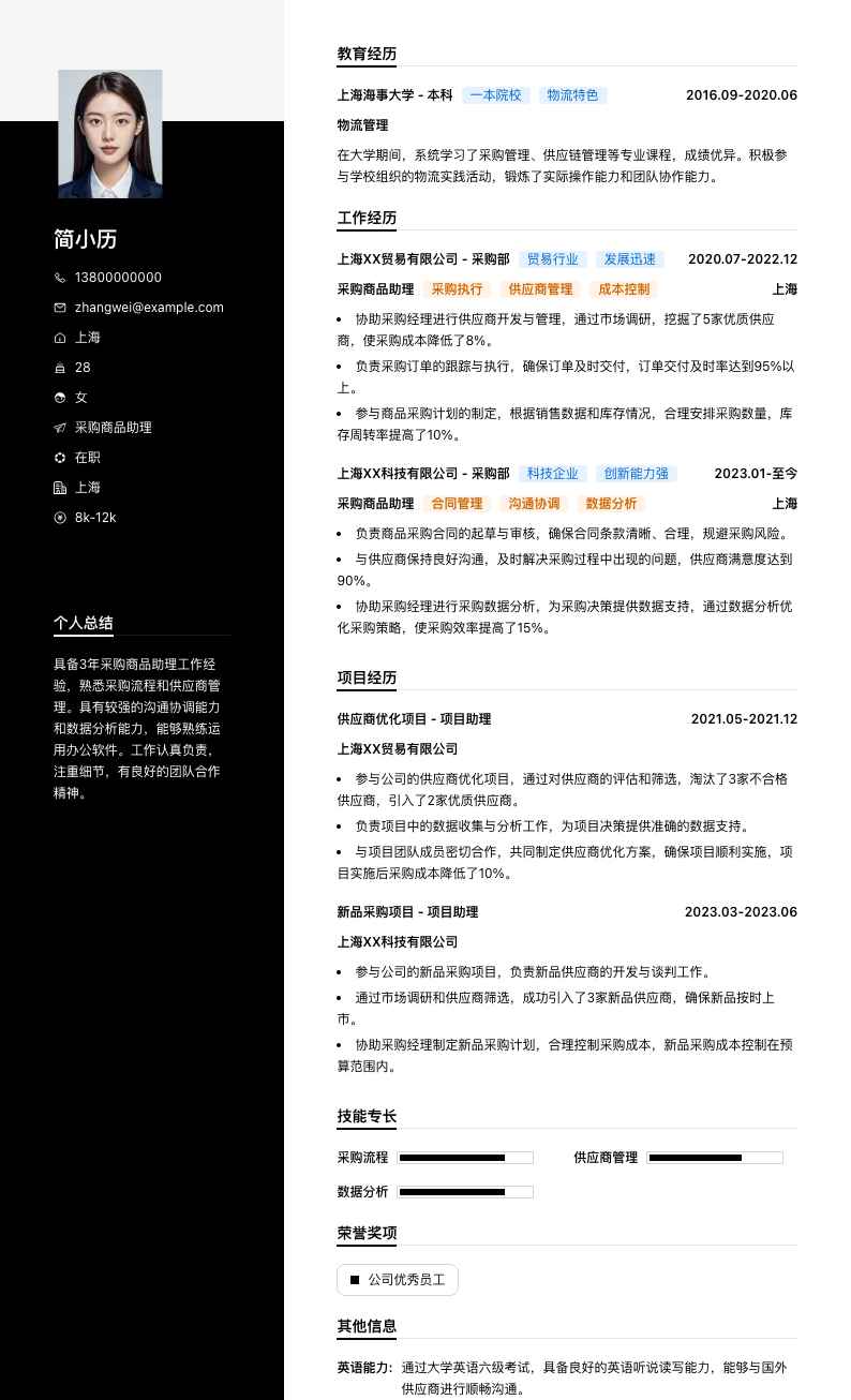 采购商品助理简历模板