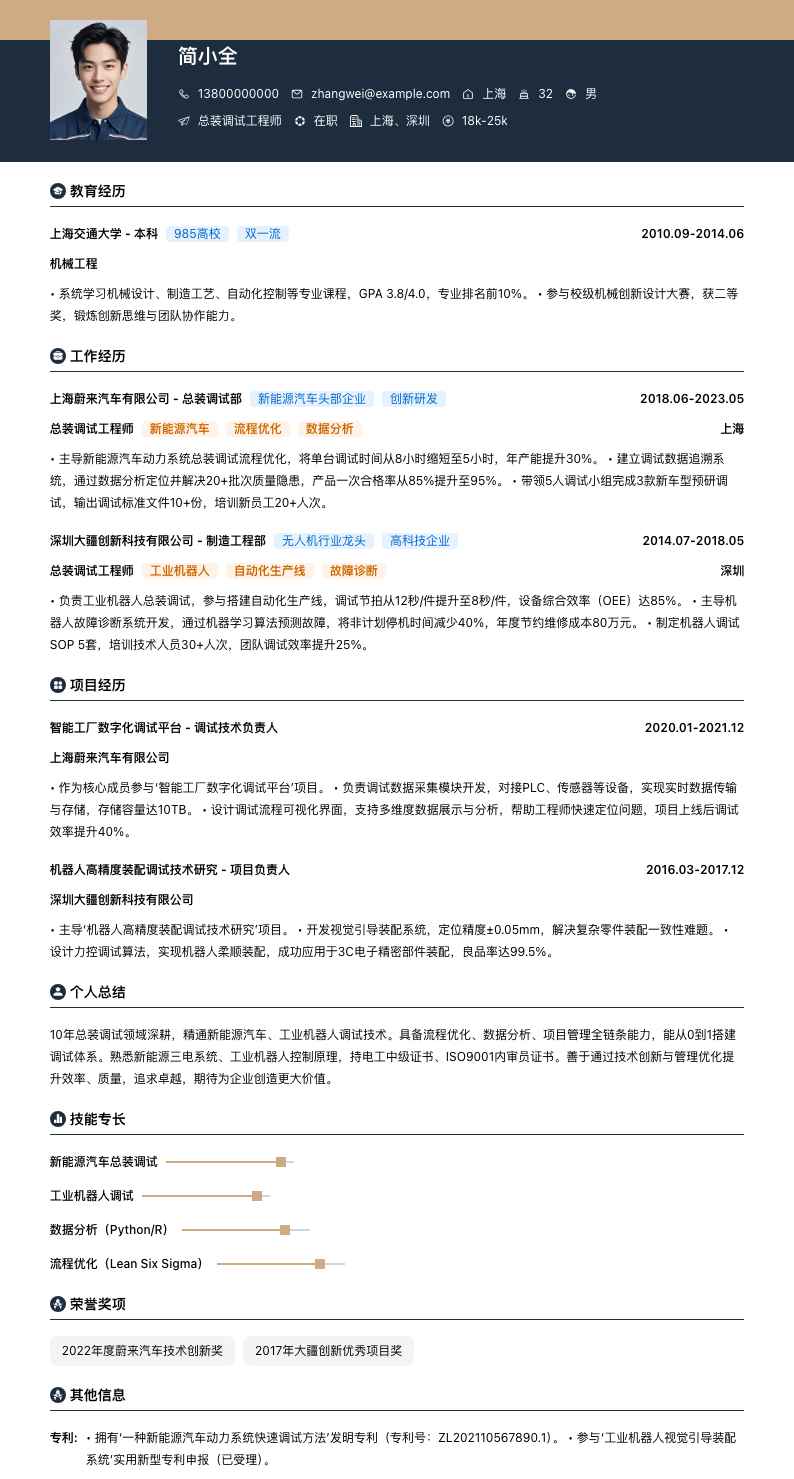 总装调试工程师简历模板