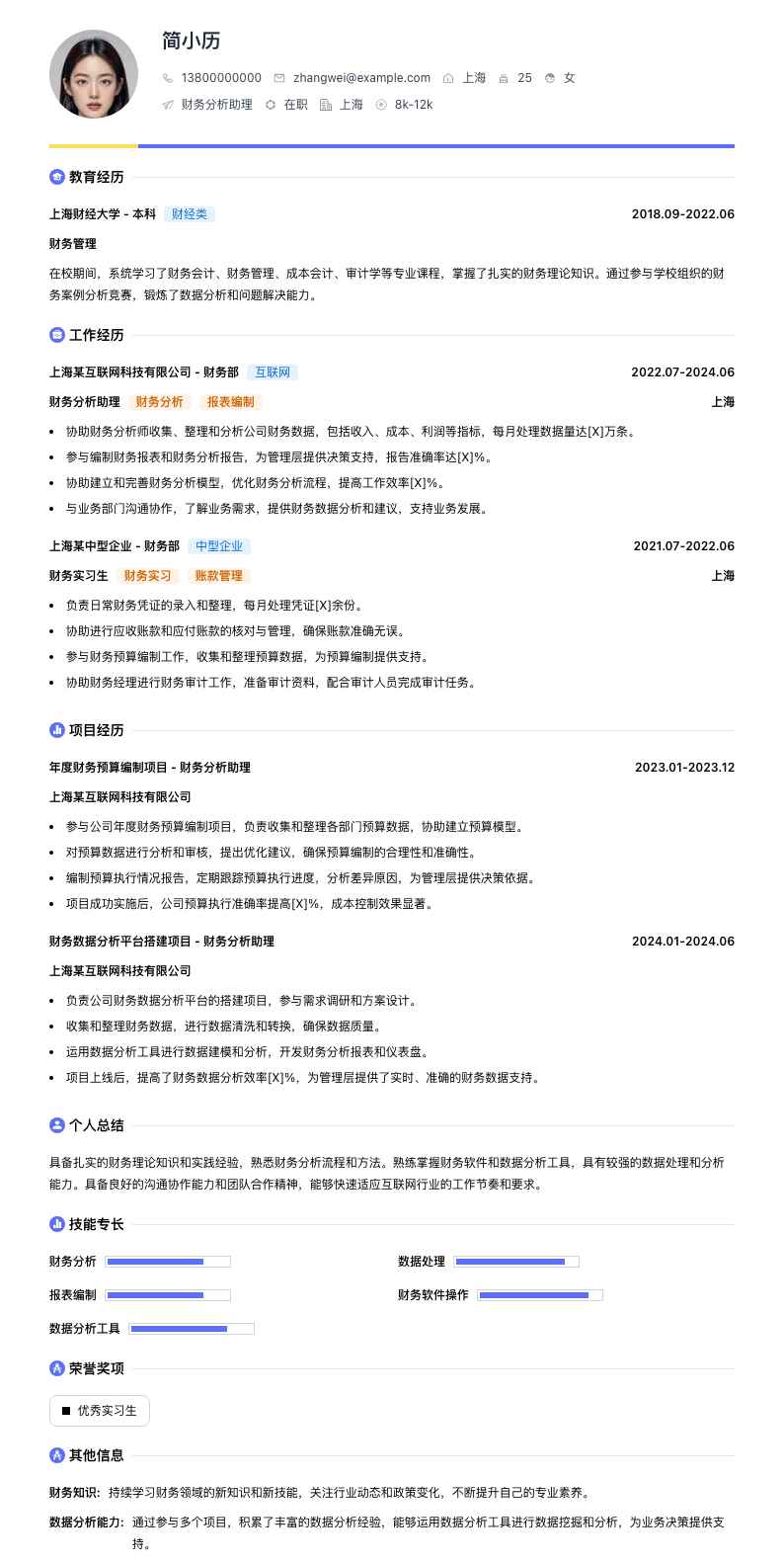 财务分析助理简历模板