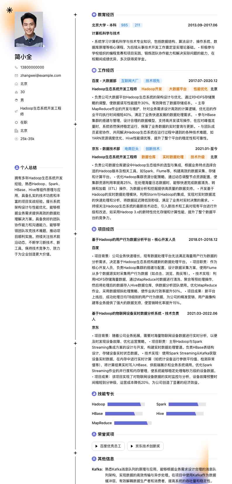 Hadoop生态系统开发工程师简历模板