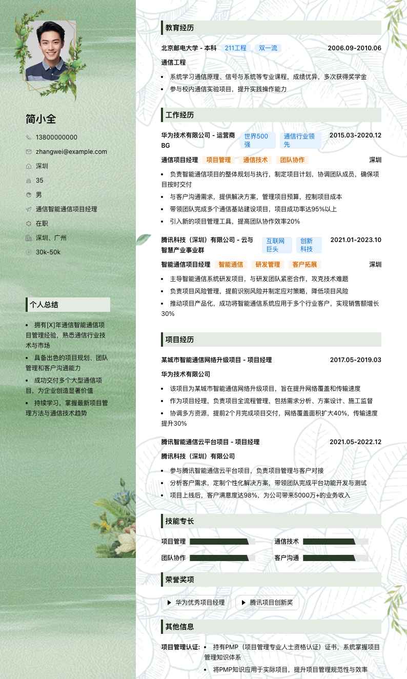 通信智能通信项目经理简历模板