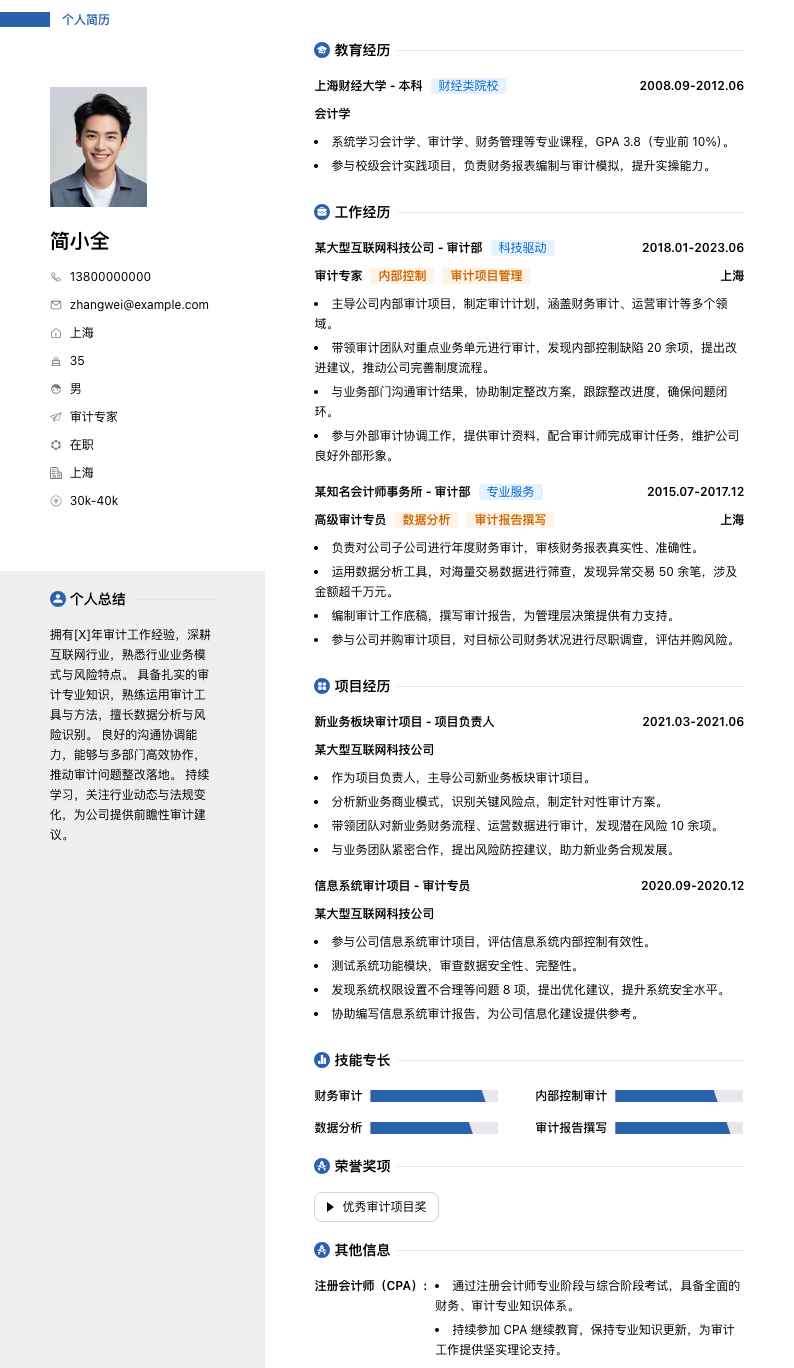 审计专家简历模板