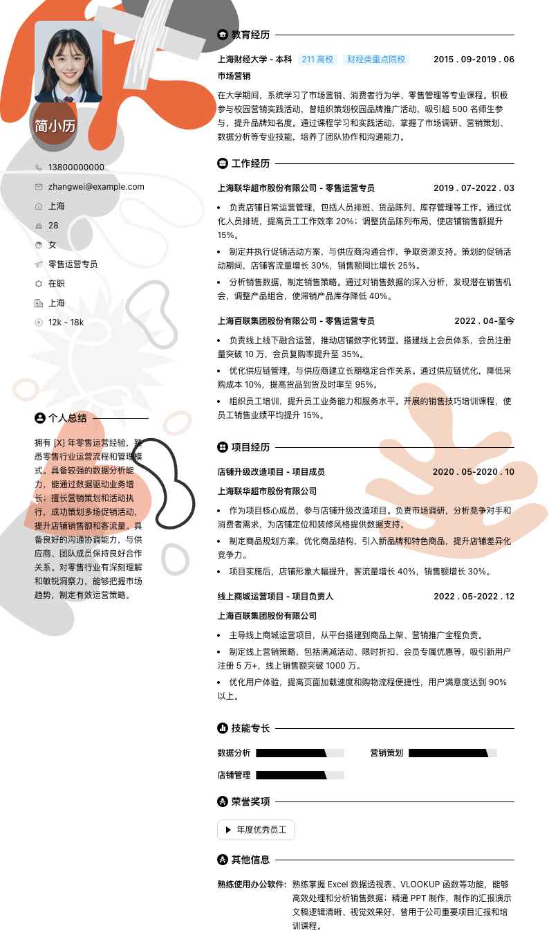 零售运营专员简历模板