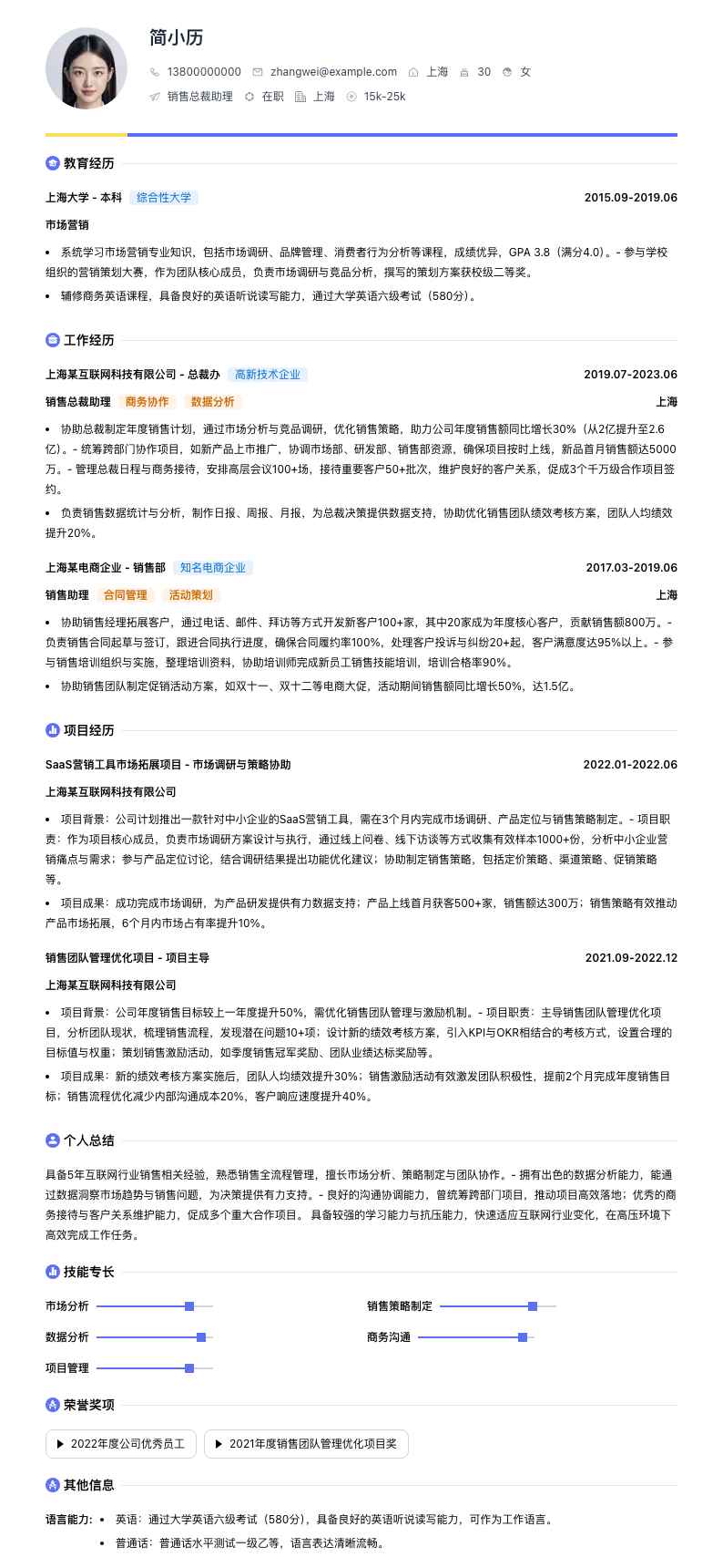 销售总裁助理简历模板