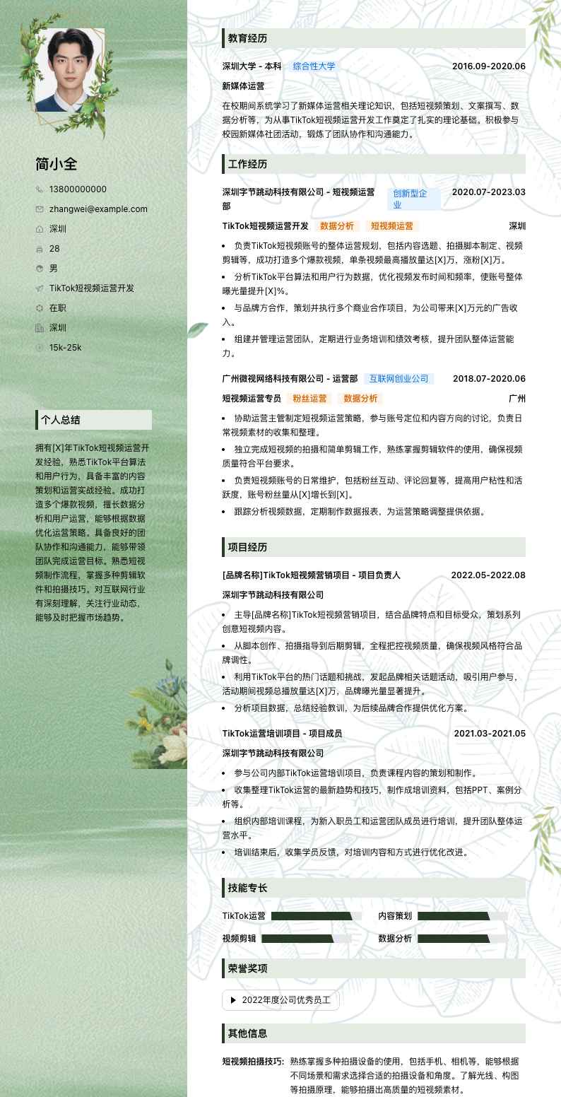 tiktok短视频运营简历模板