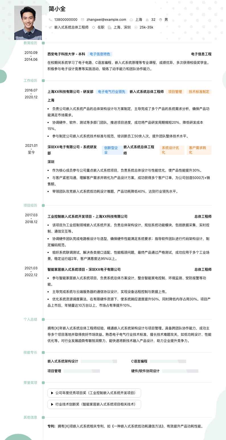 嵌入式系统总体工程师简历模板