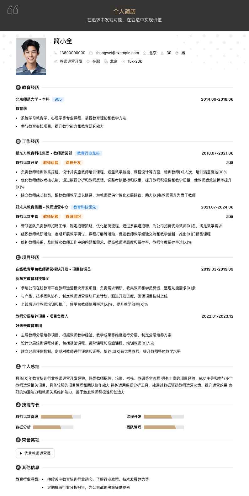 教师运营简历模板