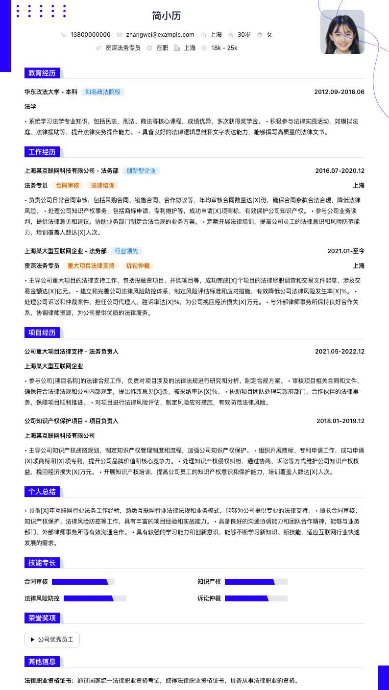 资深法务专员简历模板