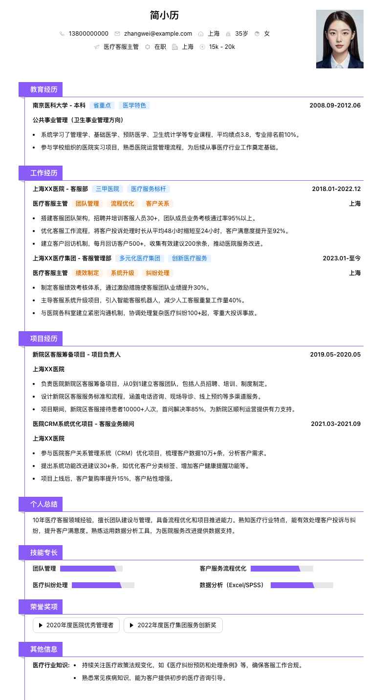 医疗客服主管简历模板