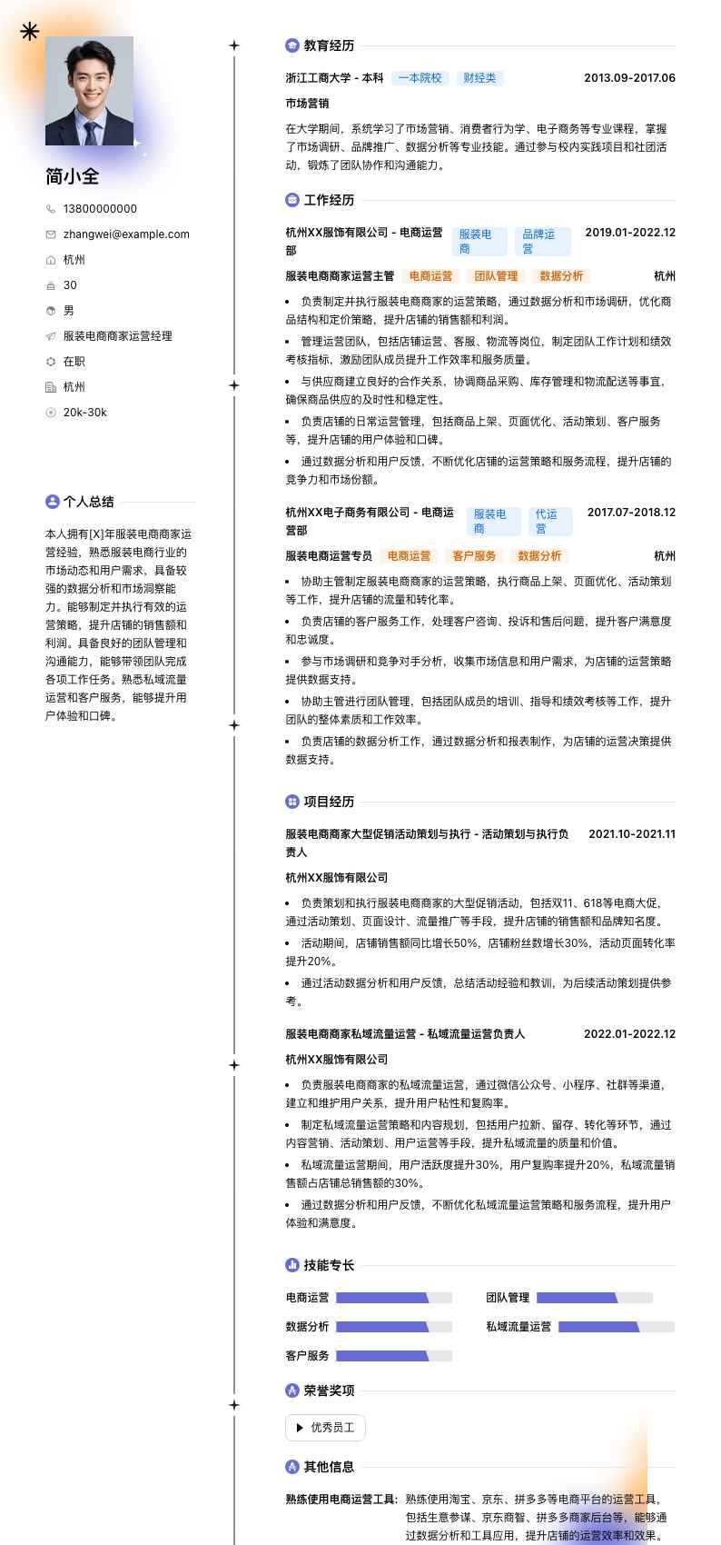 服装电商商家运营经理简历模板