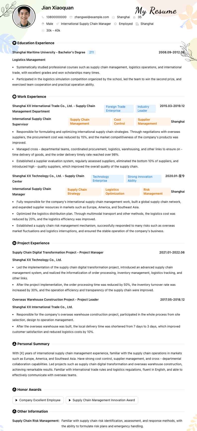 国际供应链经理简历模板