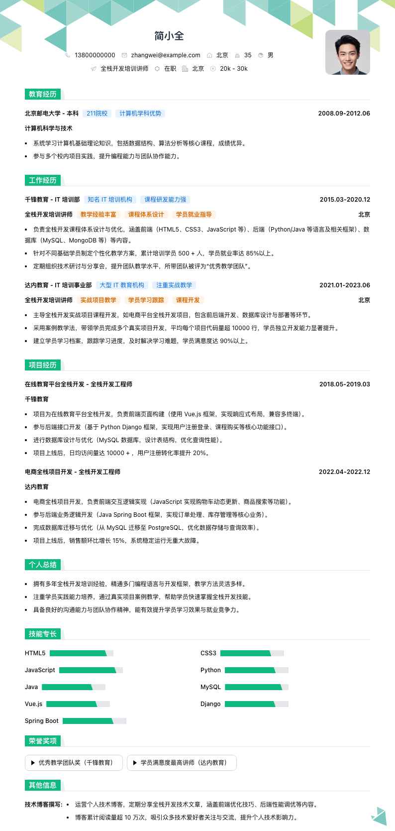 全栈开发培训讲师简历模板