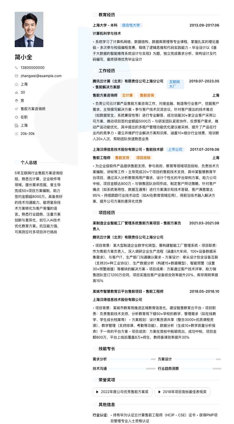 售前方案咨询师简历模板