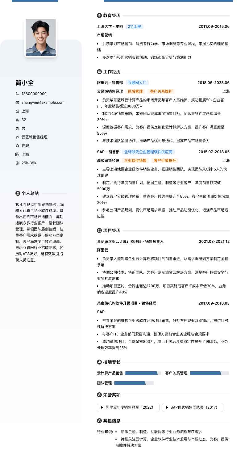 云区域销售经理简历模板