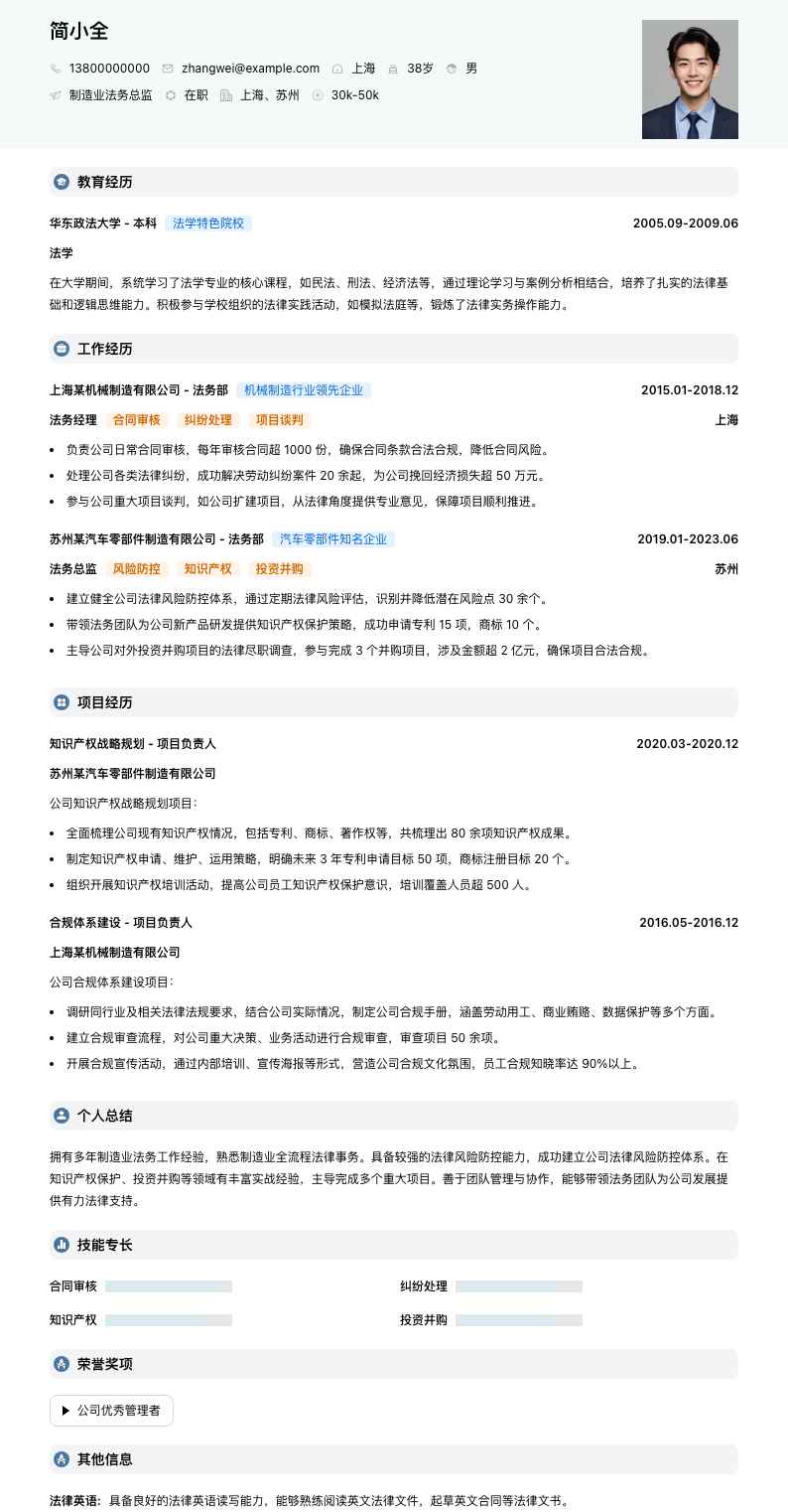 制造业法务总监简历模板