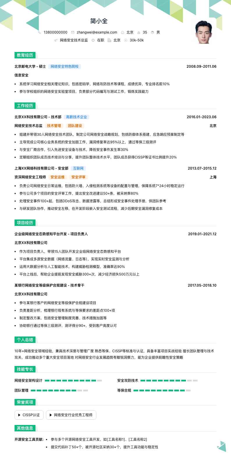 网络安全技术总监简历模板