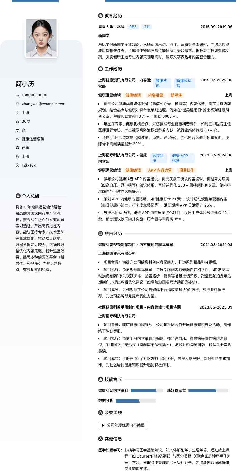 健康运营编辑简历模板