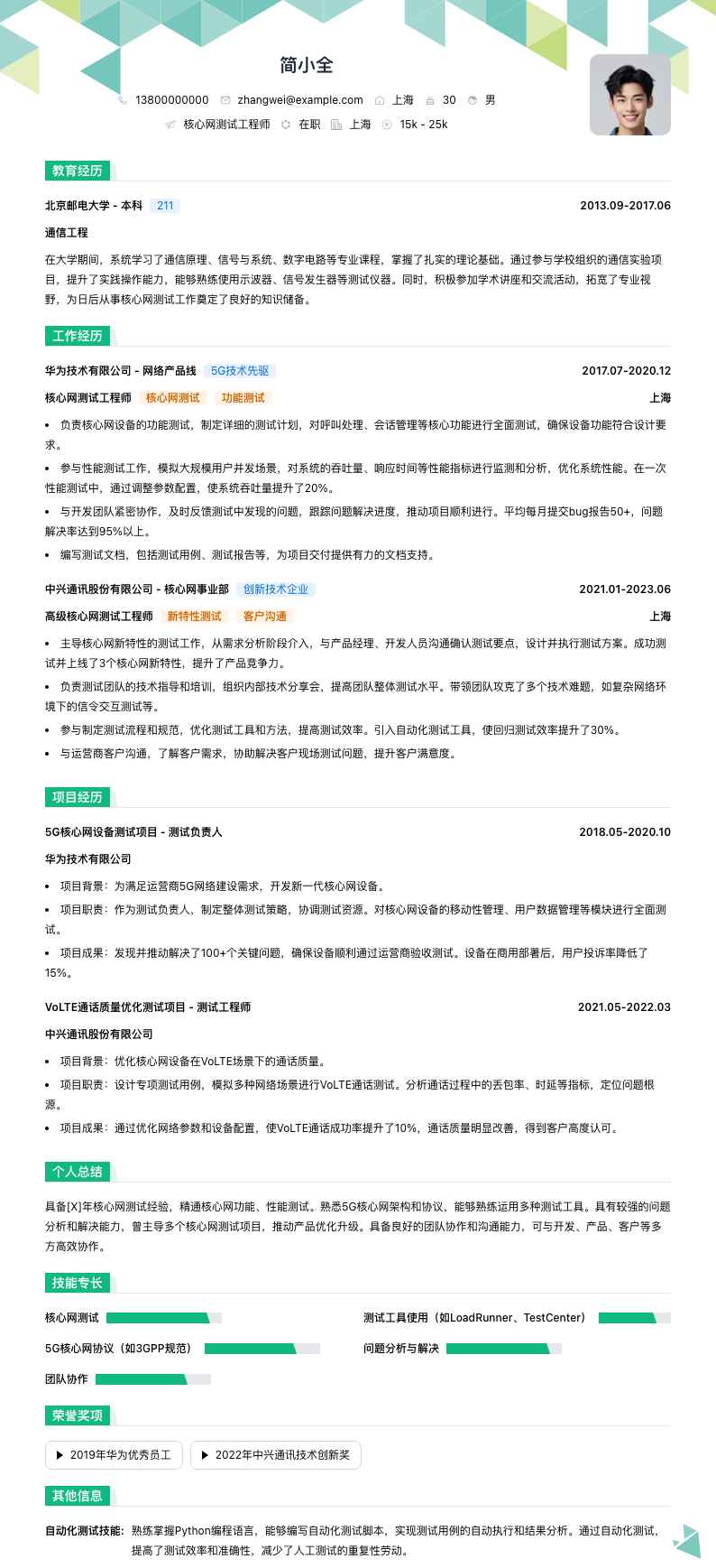 核心网测试工程师简历模板