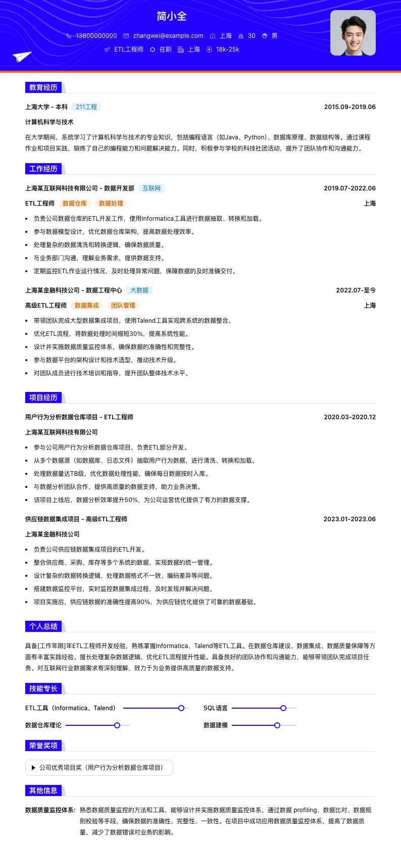 etl工程师简历模板