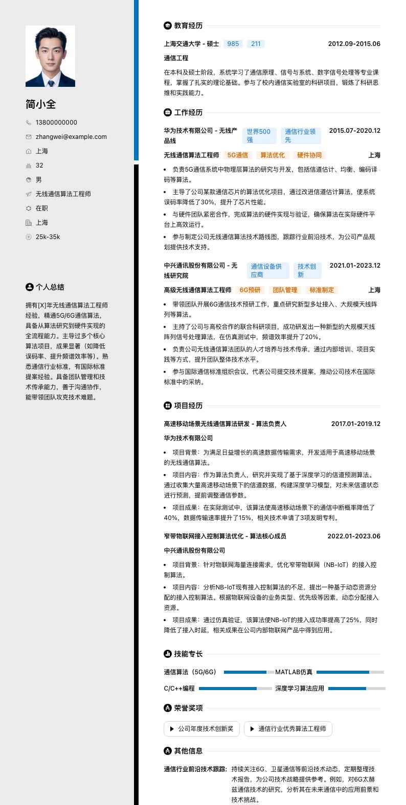 无线通信算法工程师简历模板