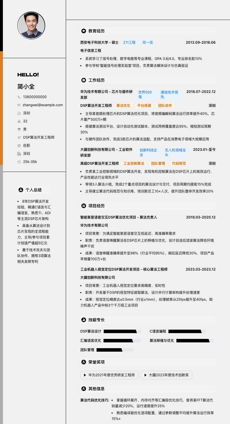DSP算法开发工程师简历模板