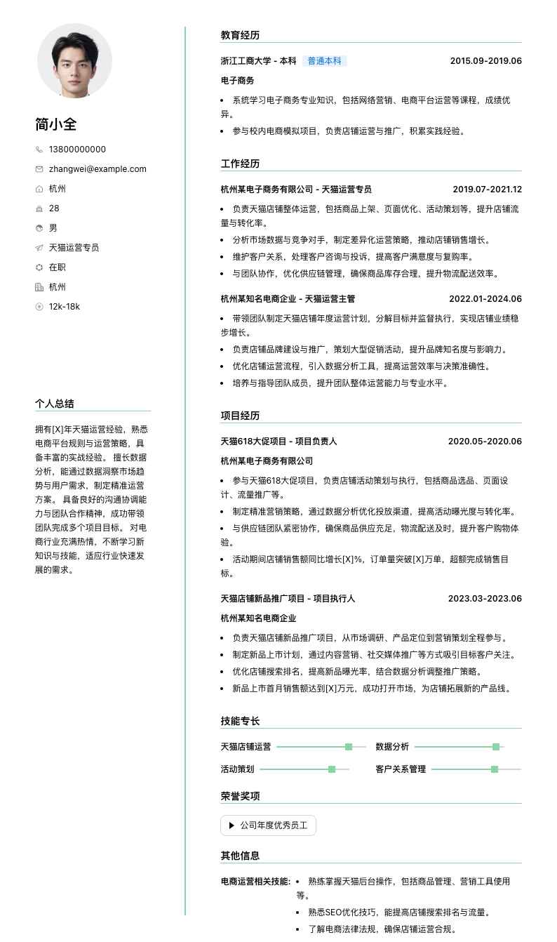 天猫运营专员简历模板