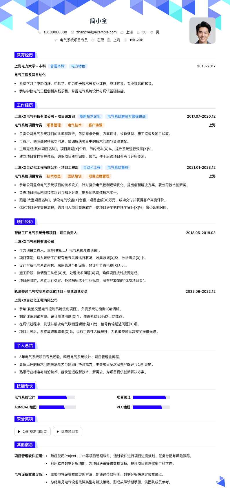 电气系统项目专员简历模板
