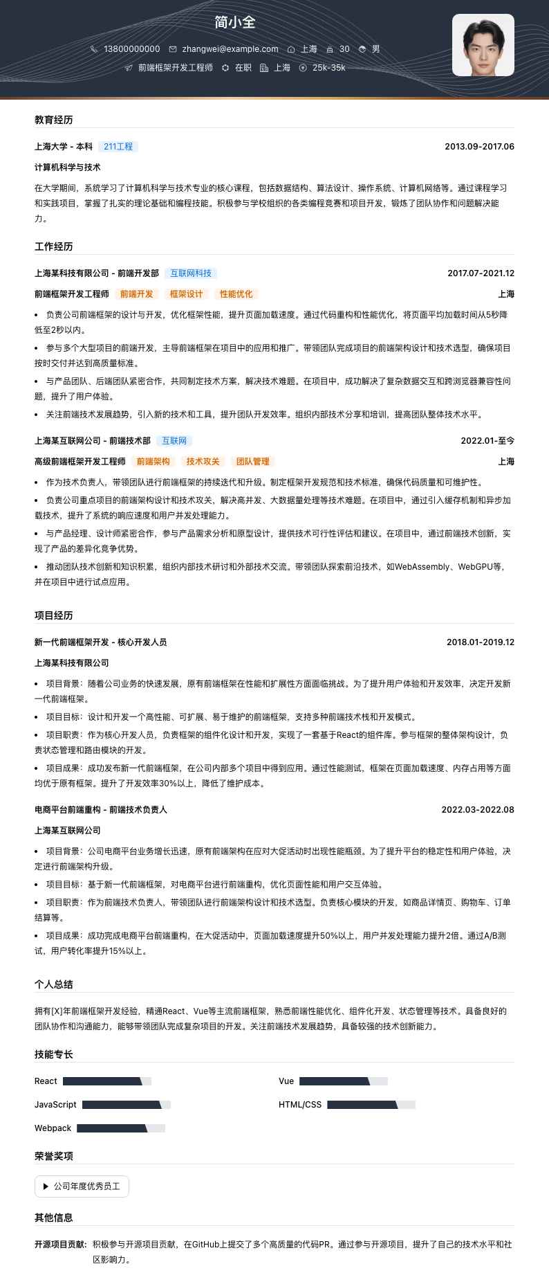 前端框架开发工程师简历模板