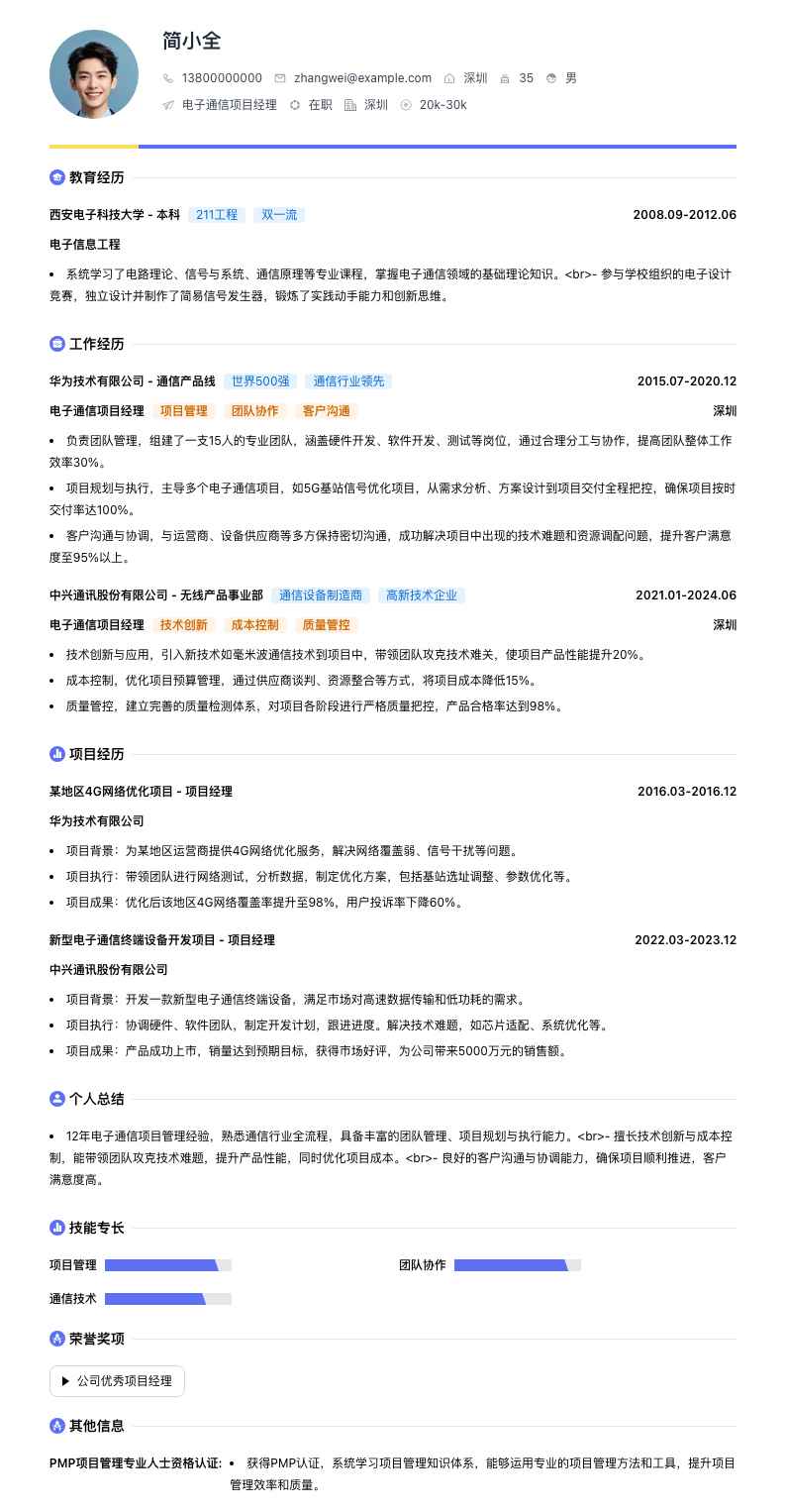 电子通信项目经理简历模板