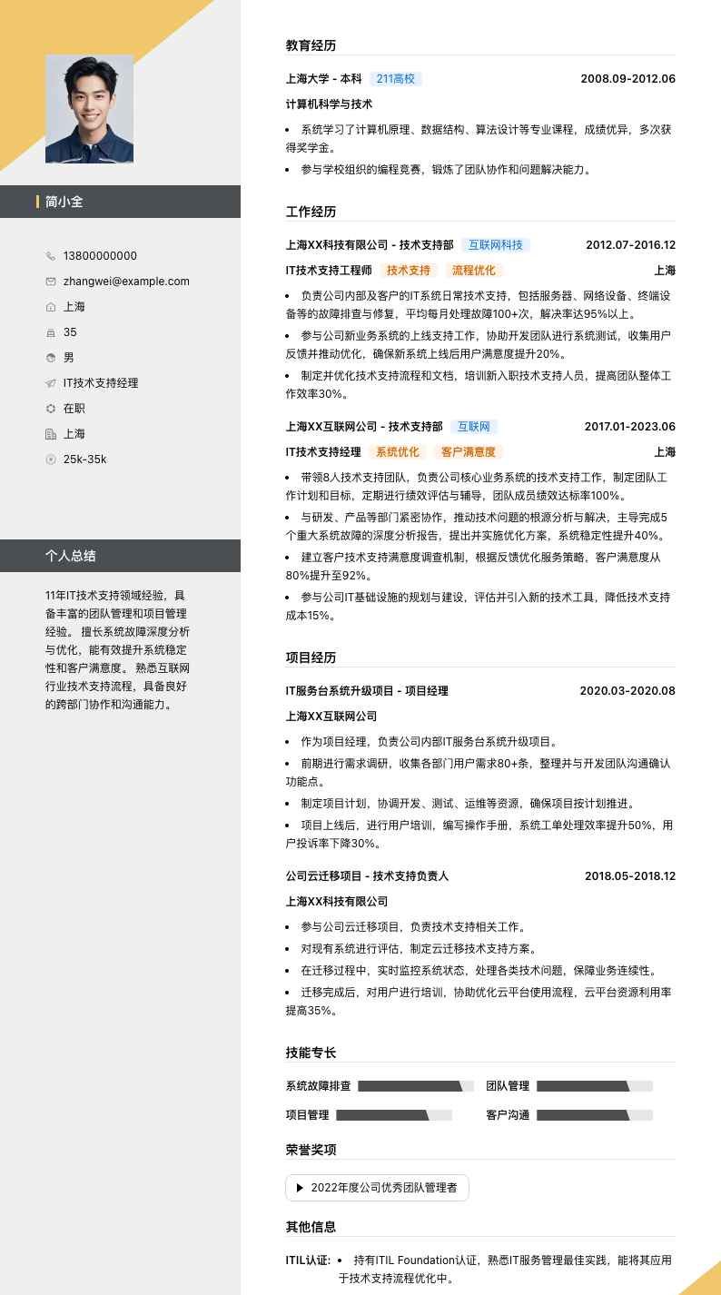 it技术支持经理简历模板