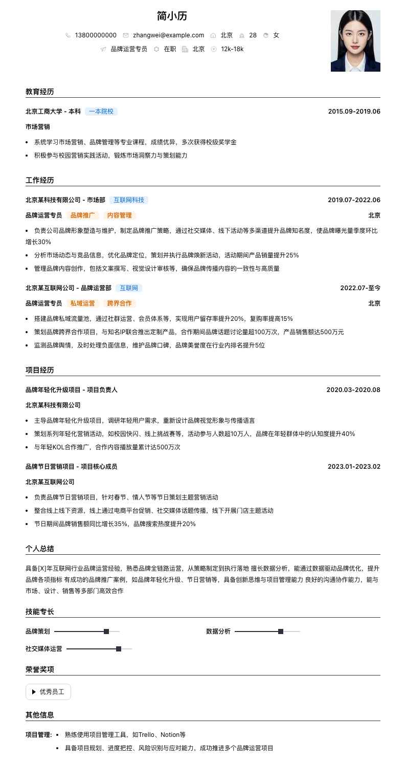 品牌运营专员简历模板