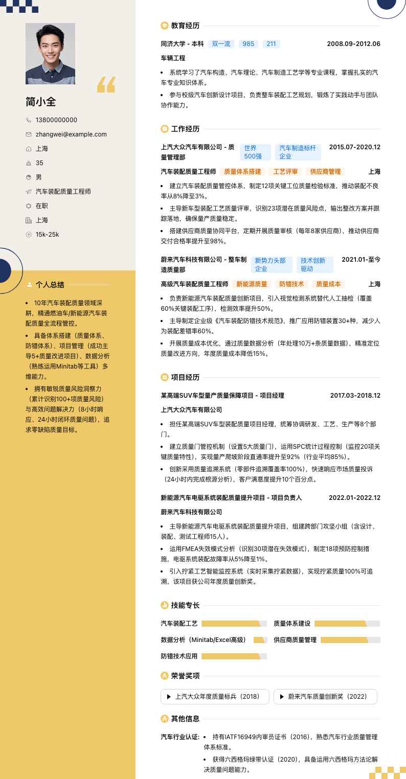 汽车装配质量工程师简历模板