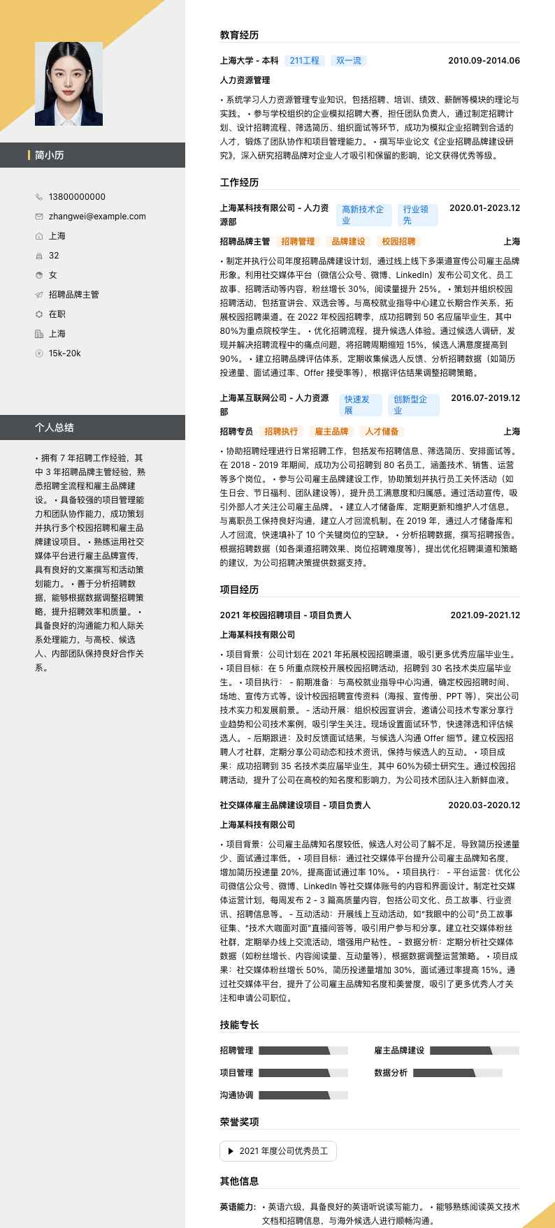 招聘品牌主管简历模板