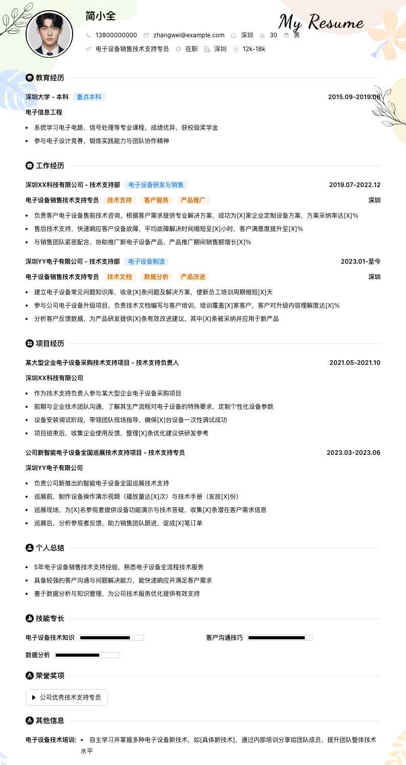 电子设备销售技术支持专员简历模板