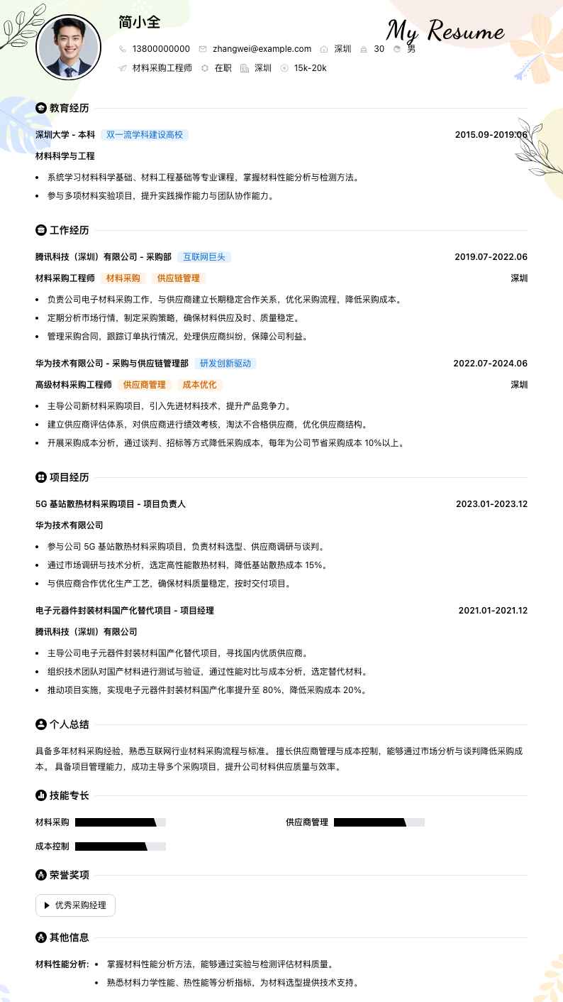 材料采购工程师简历模板