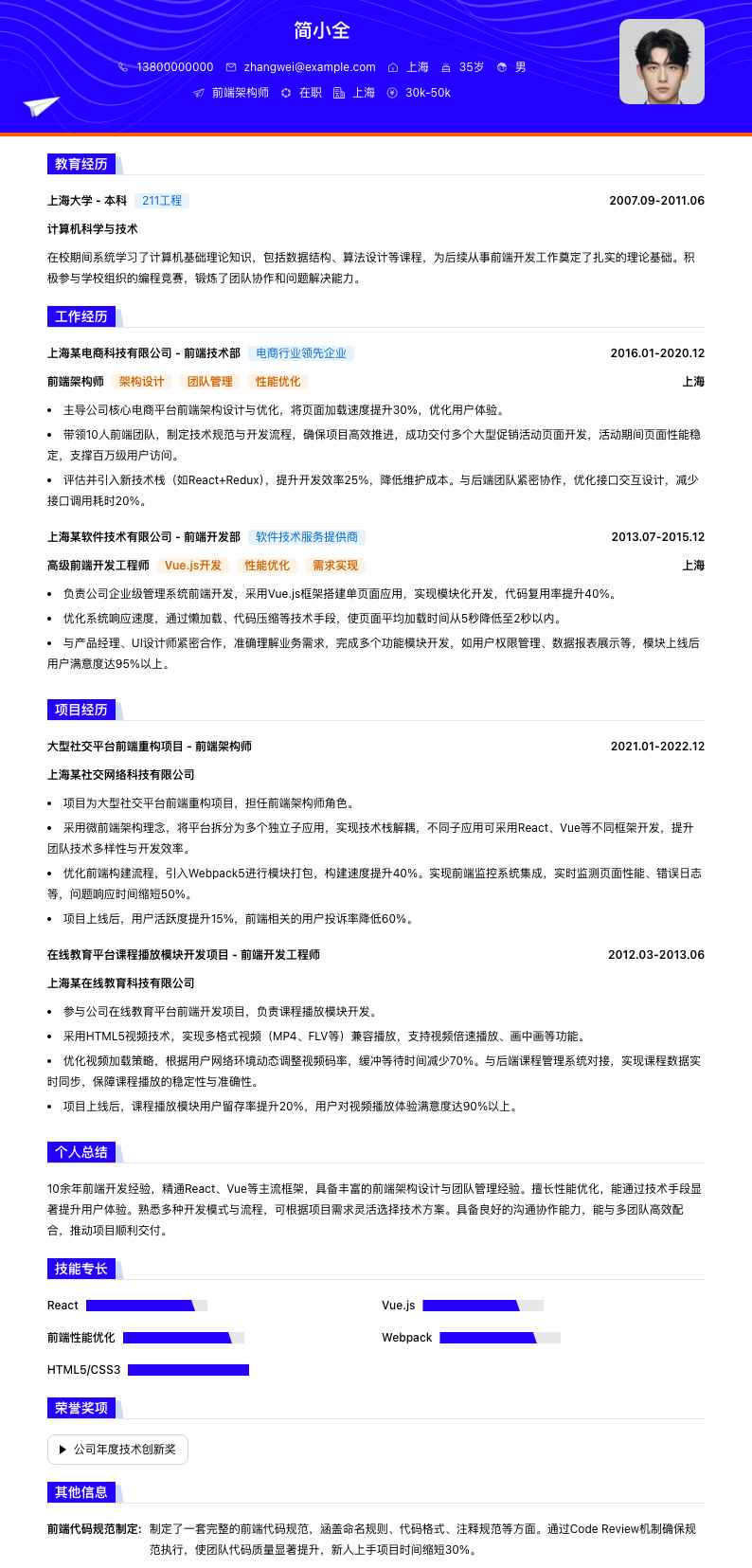 前端架构师简历模板