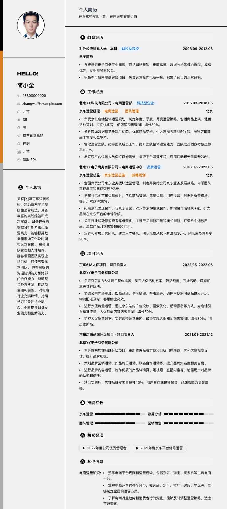 京东运营总监简历模板