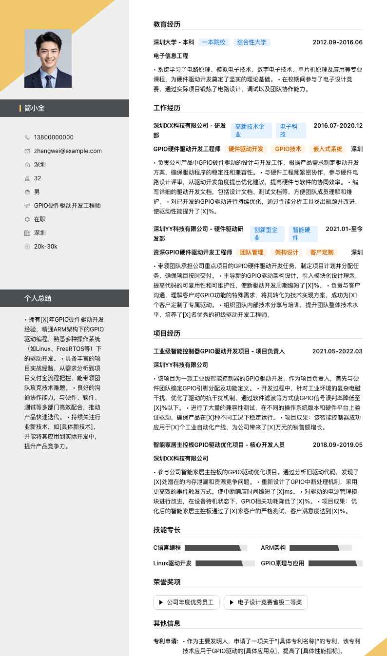 GPIO硬件驱动开发工程师简历模板