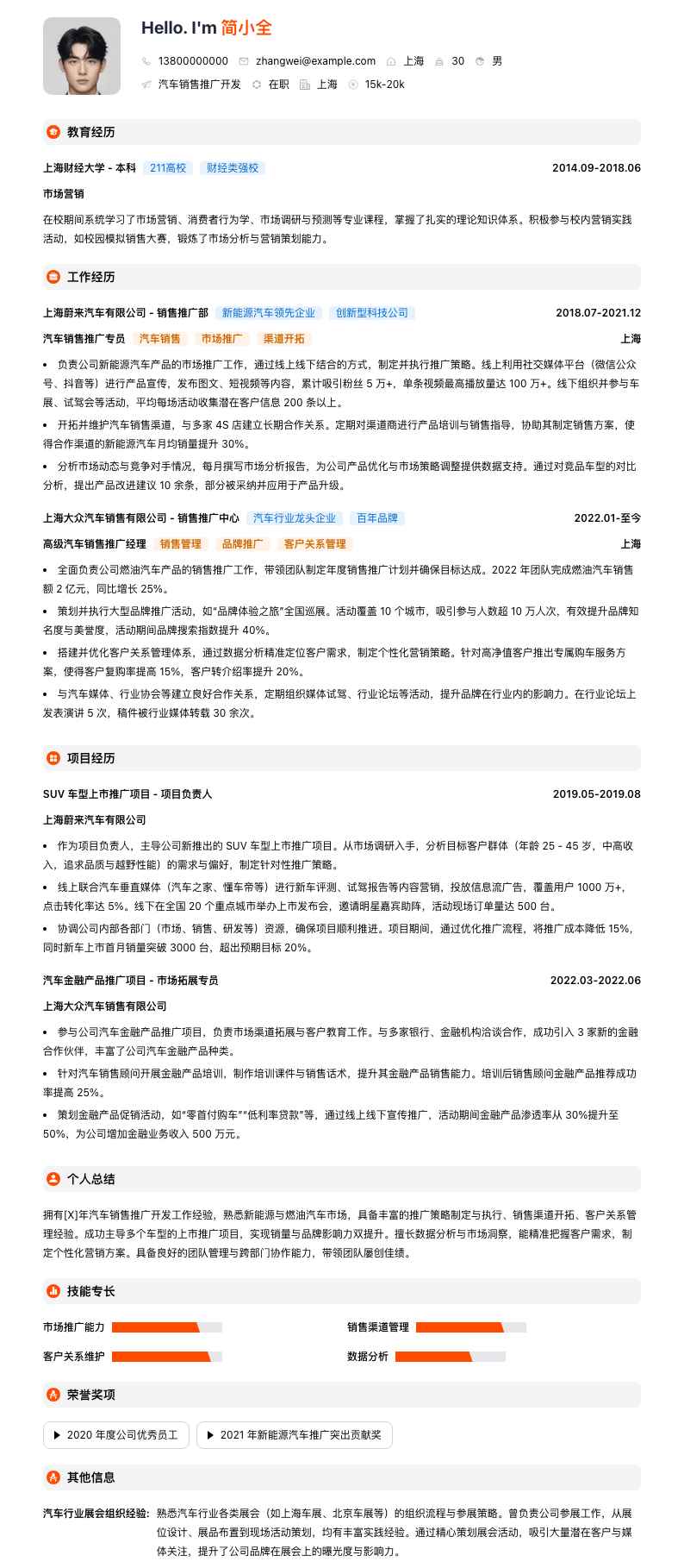 汽车销售推广简历模板