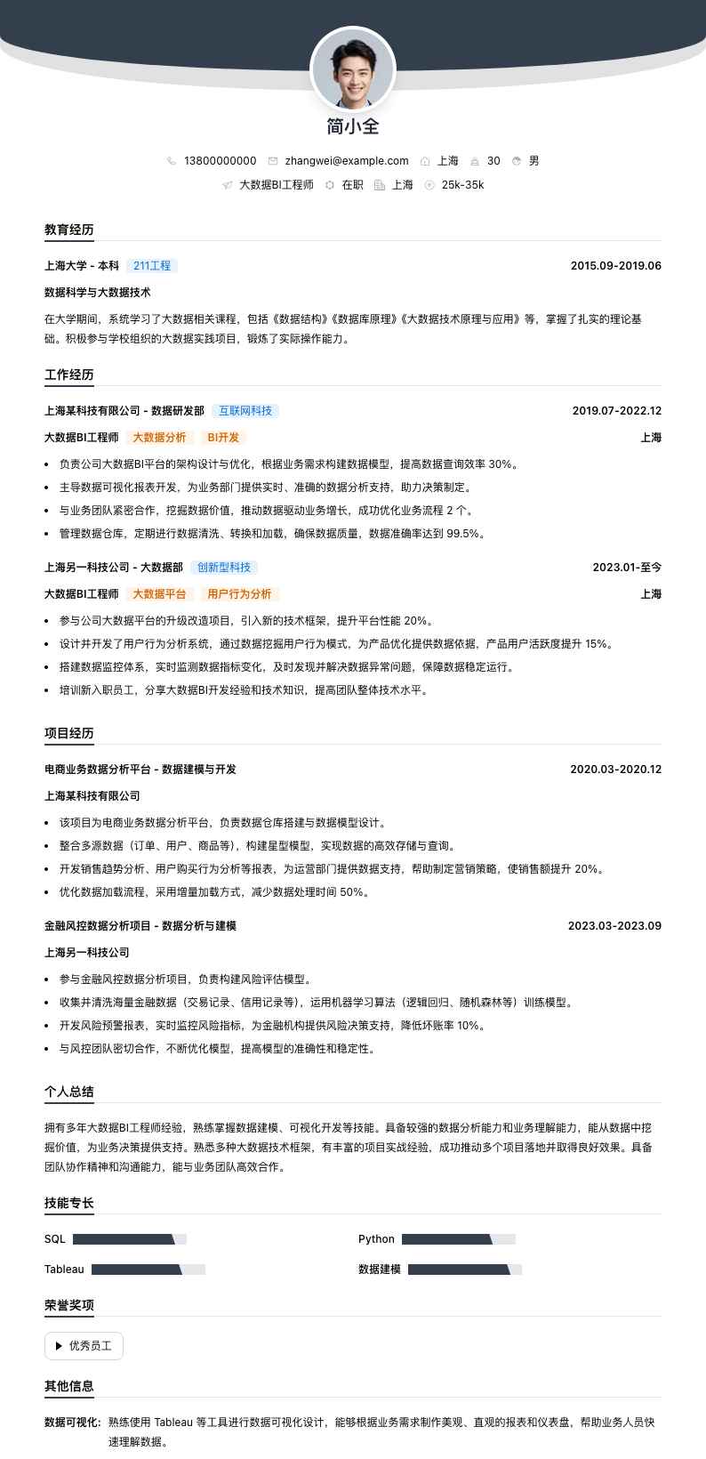 大数据bi工程师简历模板