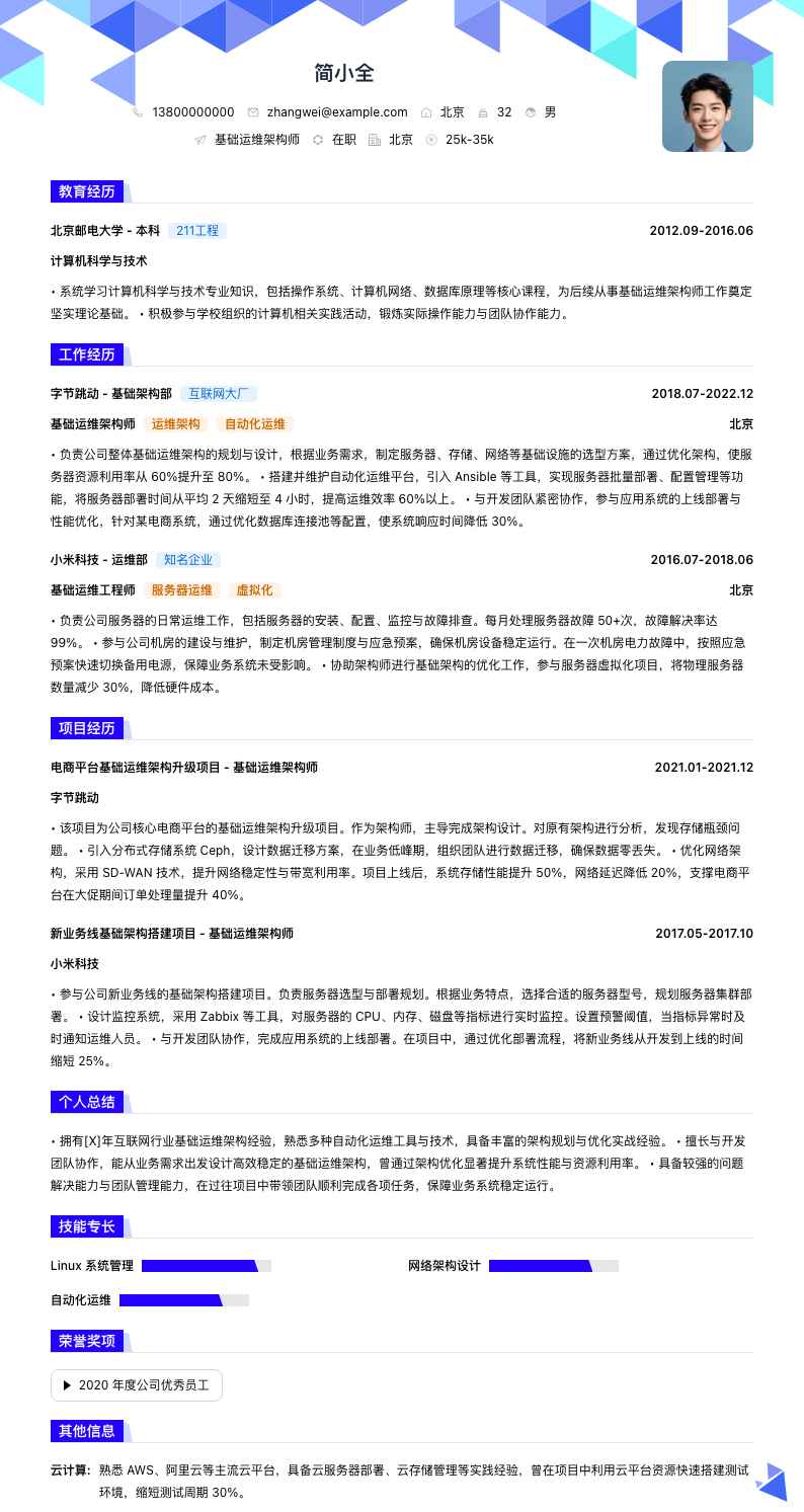基础运维架构师简历模板
