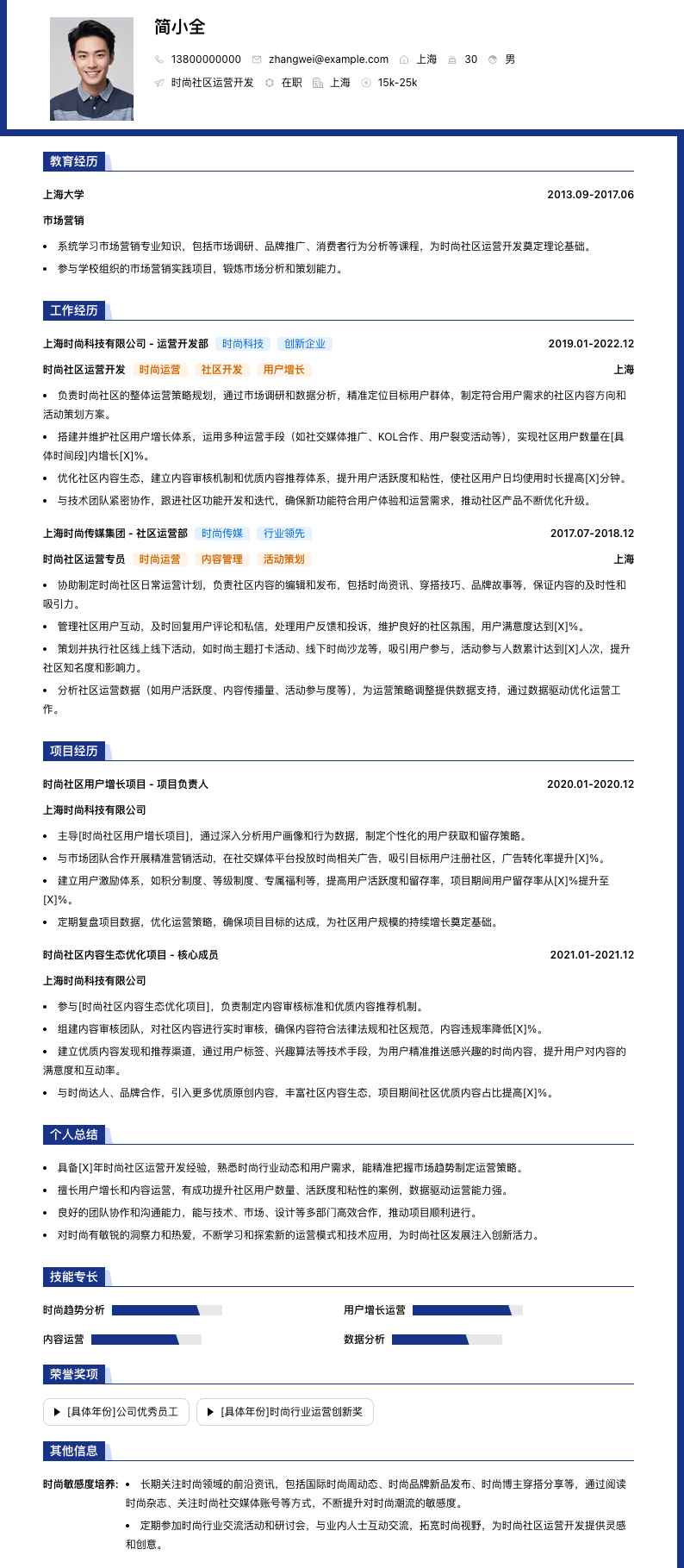 时尚社区运营简历模板