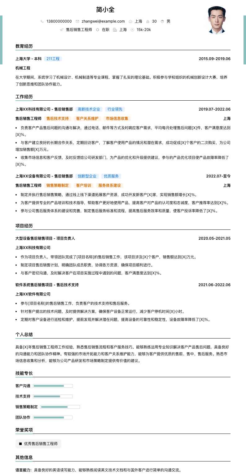 售后销售工程师简历模板