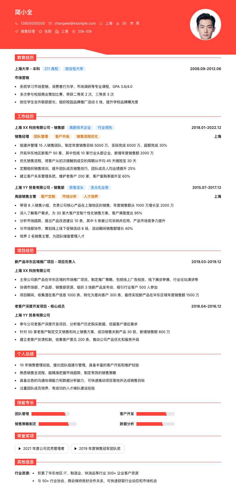 销售经理简历模板