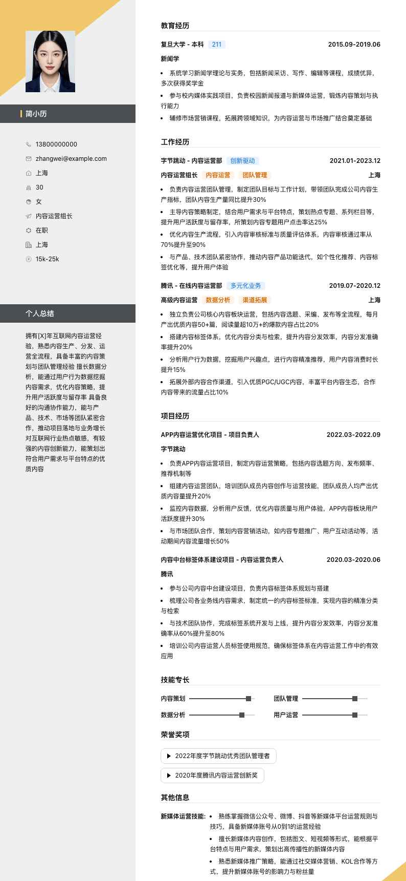 内容运营组长简历模板