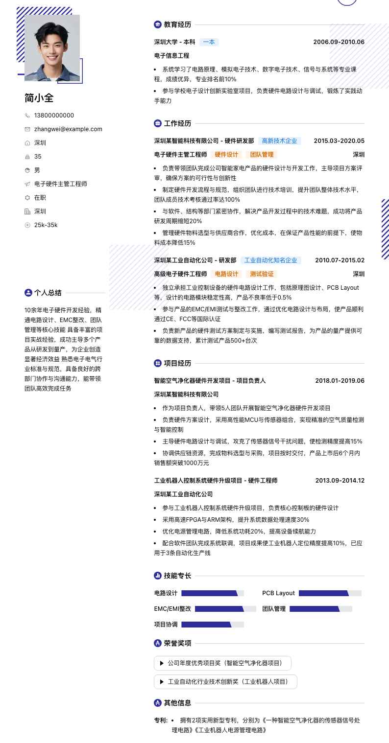 电子硬件主管工程师简历模板