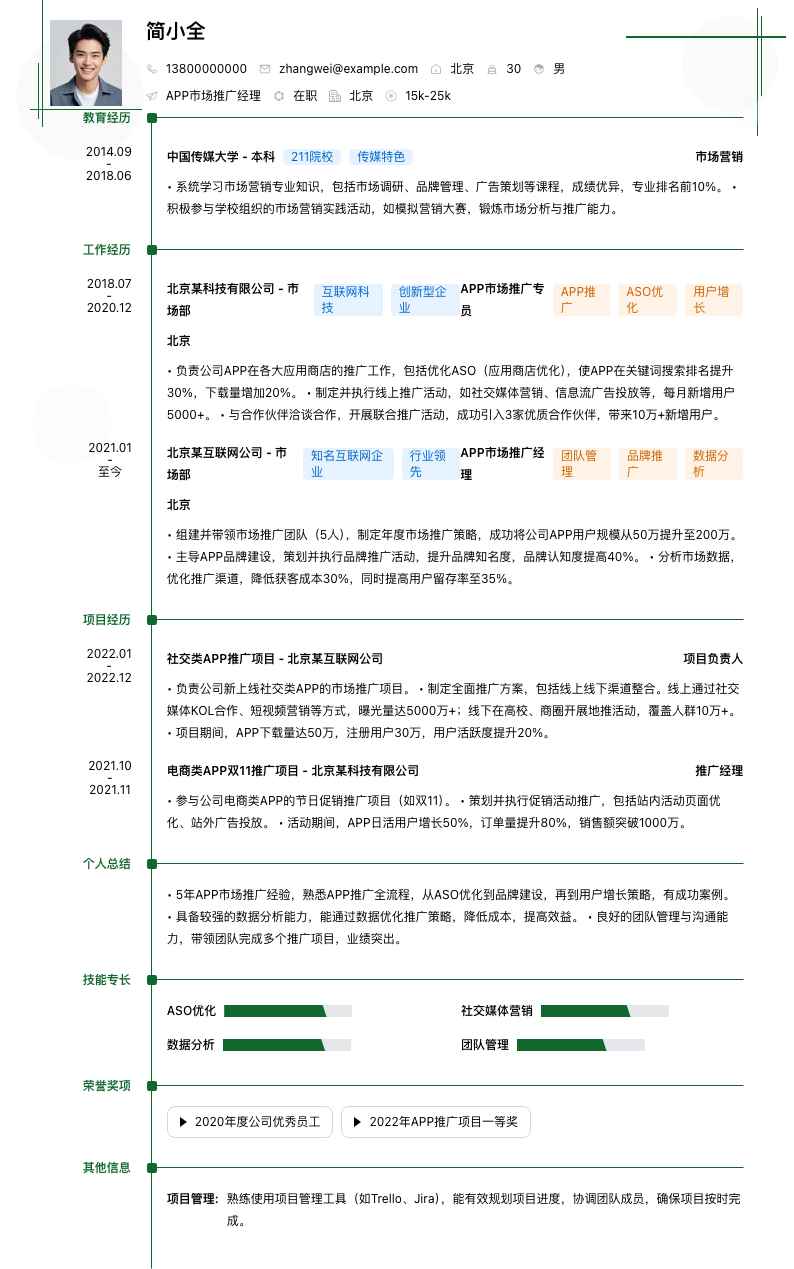 APP市场推广经理简历模板