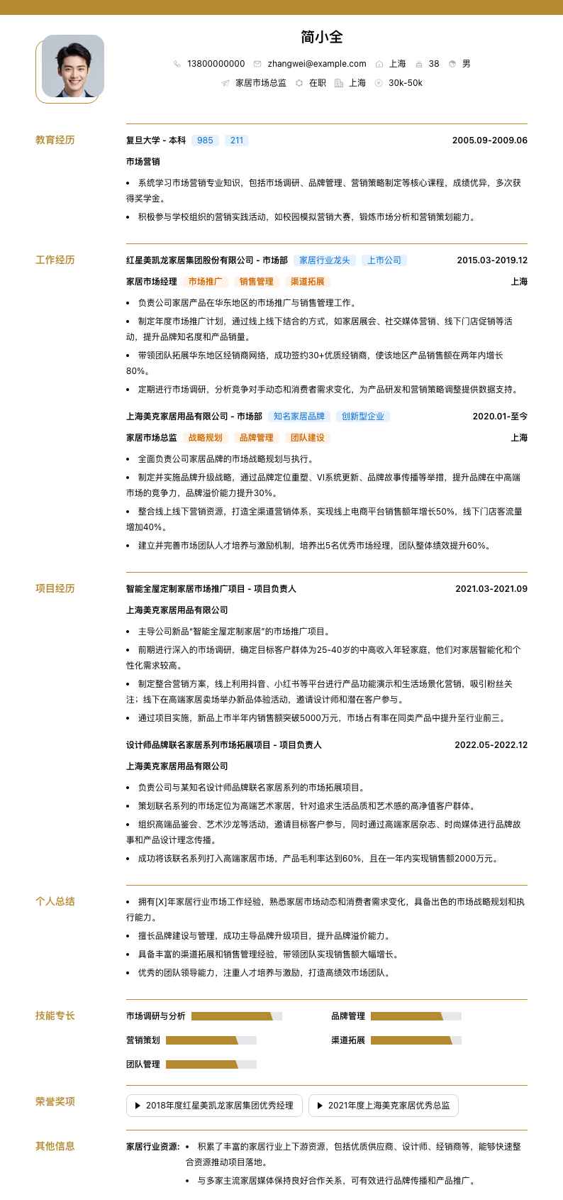 家居市场总监简历模板