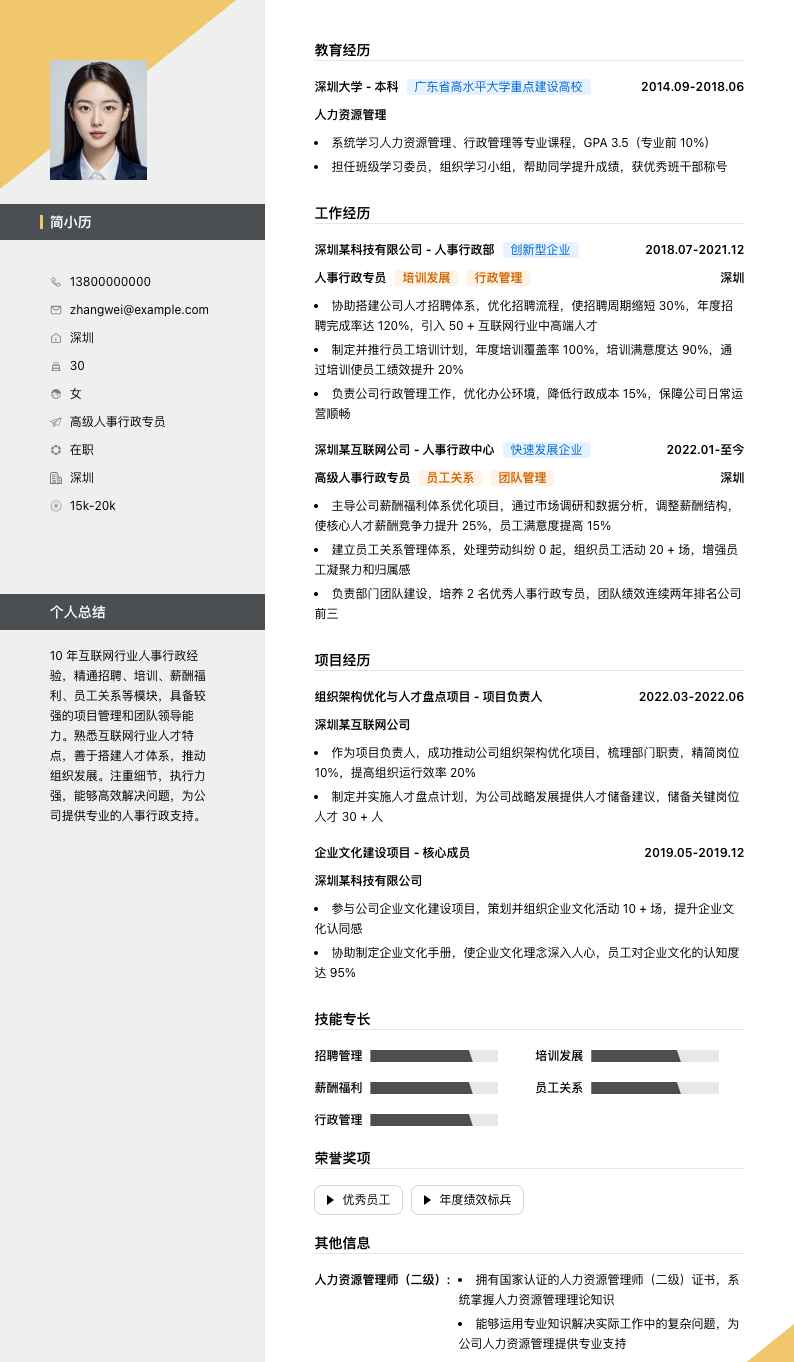 高级人事行政专员简历模板